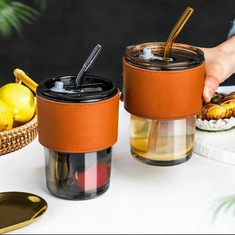 Bamboo Joint Glass Cup with Lid & Straw
